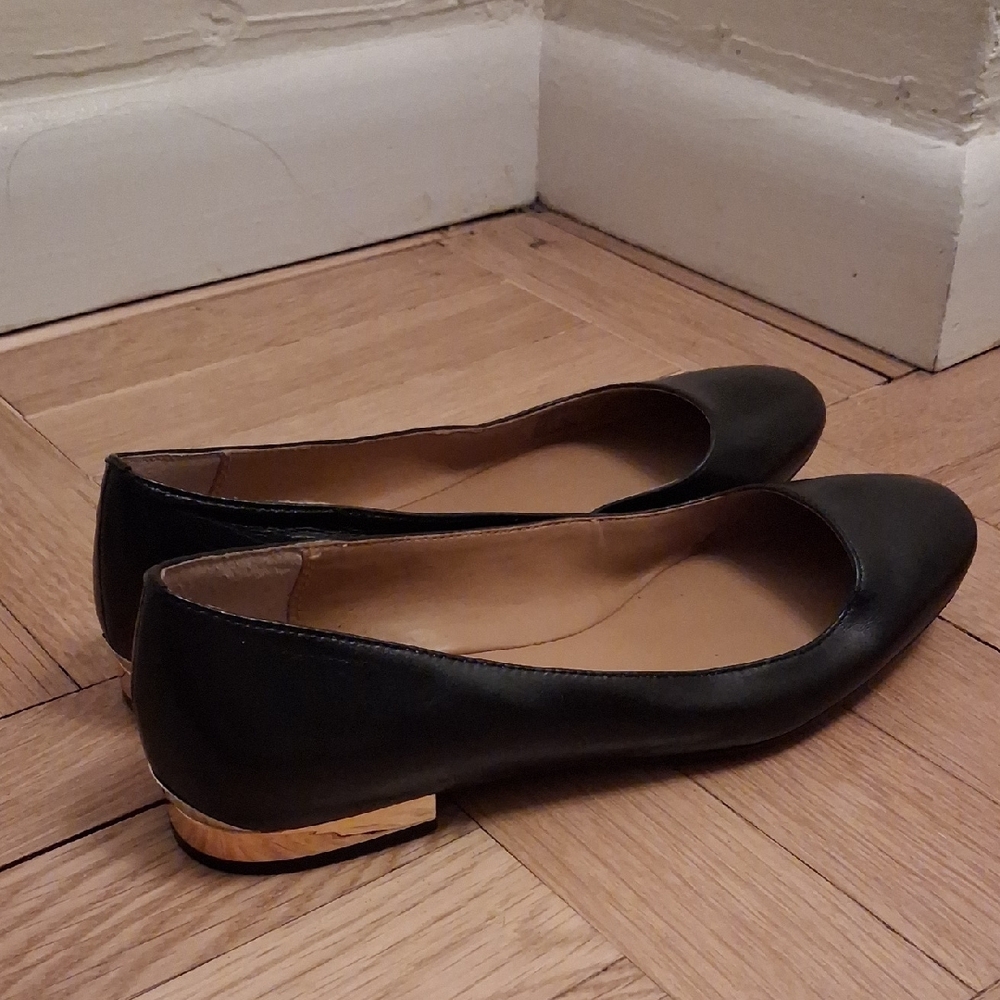 Calvin Klein Black Leather Flats with Gold Accent